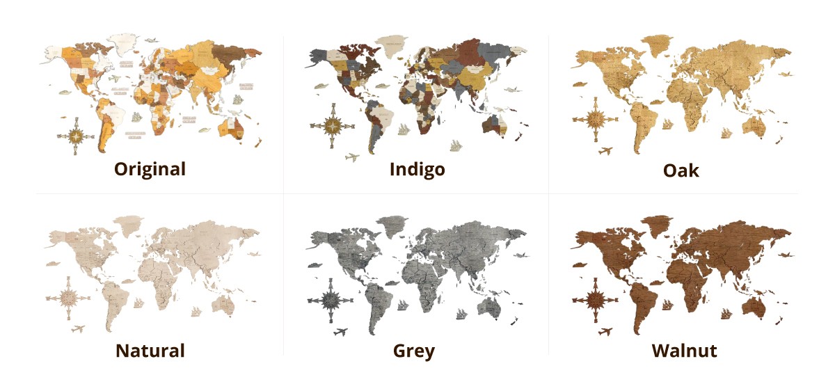 Mapa del mundo de madera para pared, madera, varios colores