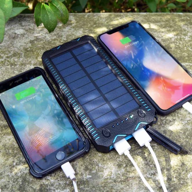 Cargador solar portatil 20000mAh potencia + mechero + luz LED