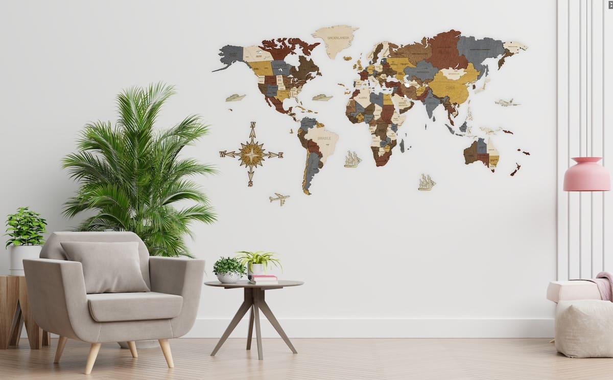 Gran mapa del mundo de madera en 3D para colgar en la pared, hecho de madera, viajes de lujo